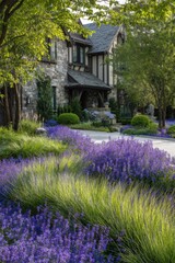 On a beautiful sunny day in a charming suburban neighborhood, a stone house is elegantly framed by vibrant lavender blooms in its meticulously maintained garden