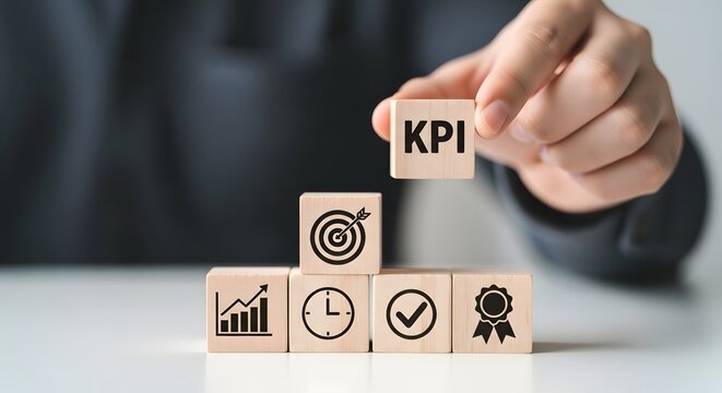 Businessman building kpi pyramid with wooden blocks on white desk in office setting with hand placing key performance indicator cube