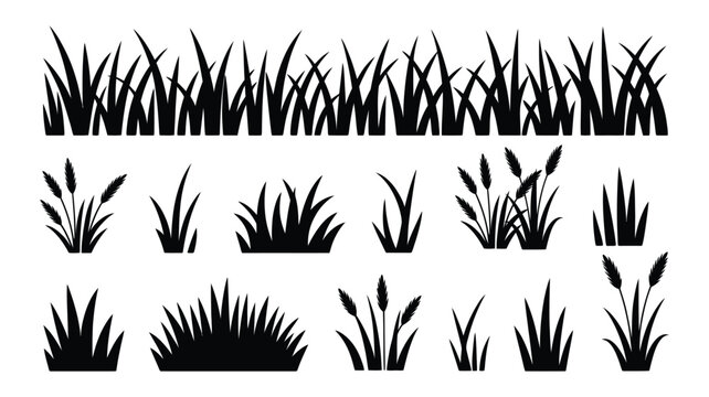 Black grass and reeds silhouettes set for nature landscape design
