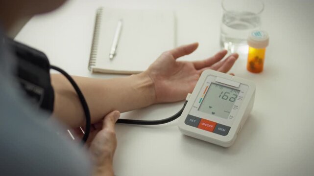 Young girl independently operates an electronic blood pressure monitor, utilizing a tonometer to measure her blood pressure at home, meticulously recording the health data for future medical reference