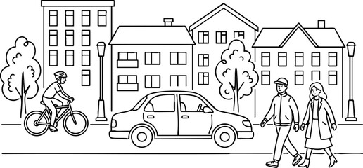 Fototapeta premium Minimalist black and white line art depicting a lively urban street scene with people walking and cycling, buildings, and a car. Clean and modern illustration.