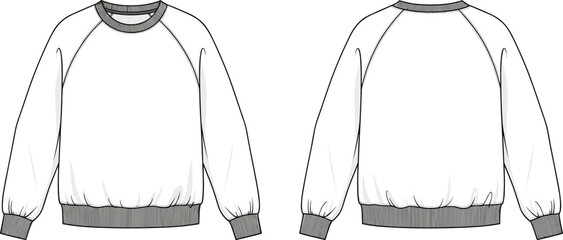 Women's raglan sleeve sweatshirt technical sketch, front and back view, fashion CAD drawing flat vector apparel illustration, oversized sweater mockup. © Fozila