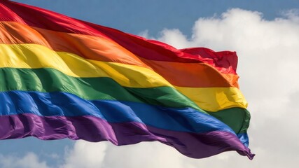 Fototapeta premium Bright and colorful rainbow flag waving against blue sky and white clouds.
