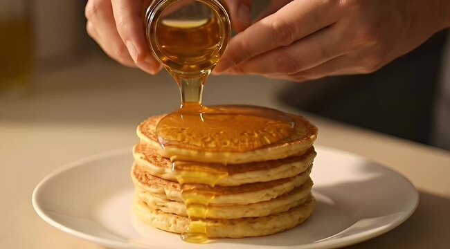 Delicious stack of pancakes being drizzled with golden honey on a white plate