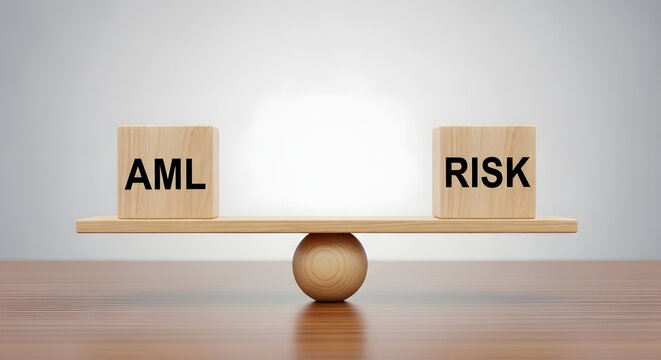 A wooden seesaw balancing aml and risk on a table with a grey background