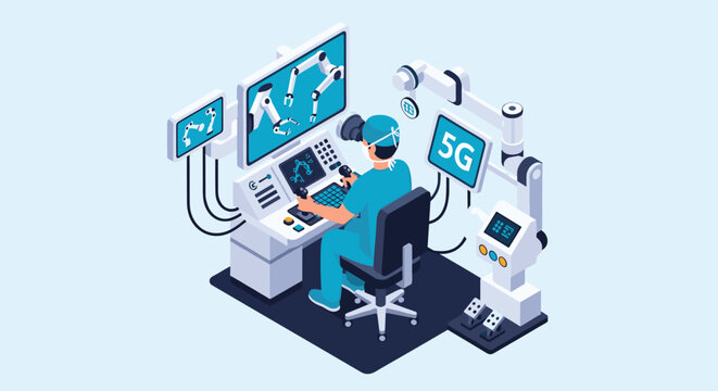 Surgeon performs a complex remote robotic surgery using a high-tech console with multiple screens and a 5G connection for real-time precision control.