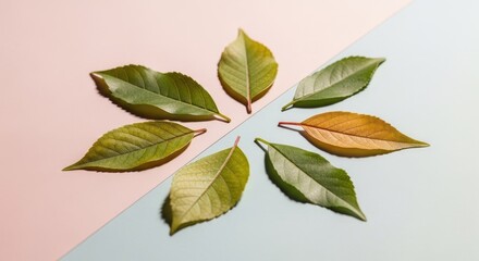 Fototapeta premium Arrangement of green and yellow leaves against a pastel pink and blue backdrop