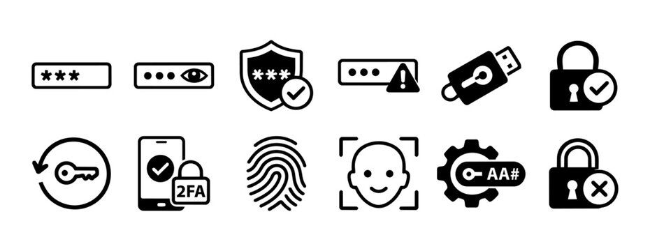 Password Security and Authentication Icons Set Minimal Black and White Line Art