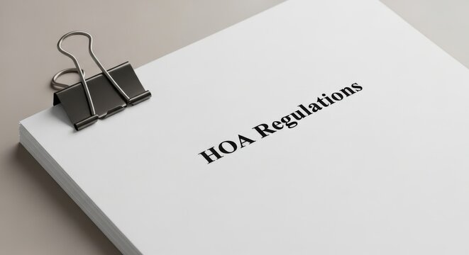 A document titled hoa regulations clipped to a surface with a binder clip