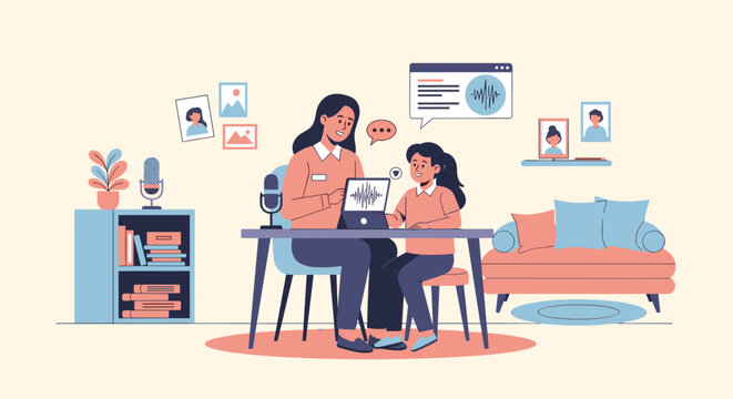 Mother and daughter recording a podcast or engaging in a speech therapy e-learning session using a laptop and microphone in their cozy living room.