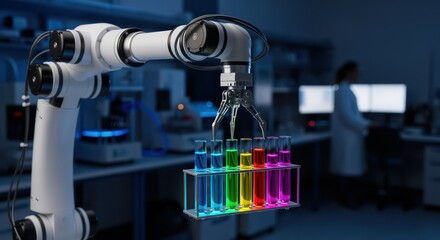 Fototapeta premium Robotic arm precisely handling colorful liquids in laboratory test tubes
