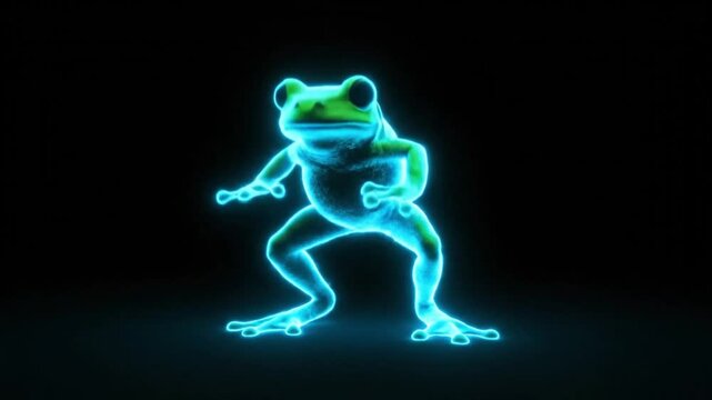 A neon-lit frog dance performance on a dark stage viewed from the front
