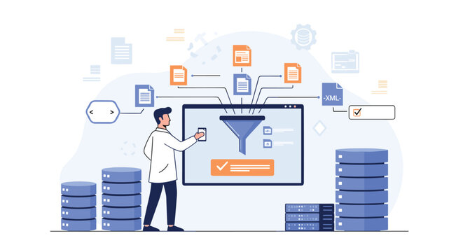 Male data scientist in a lab coat processes and filters various digital document types through a large digital funnel for aggregation and storage in organized databases.