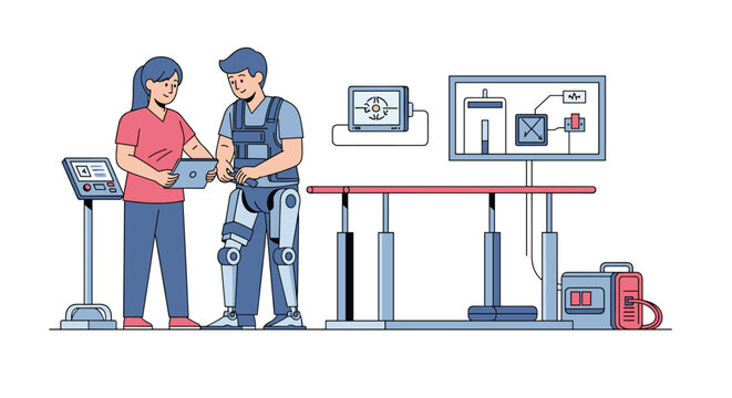 Female physical therapist helps a male patient wearing a robotic exoskeleton leg during a rehabilitation session using parallel bars and advanced technology.