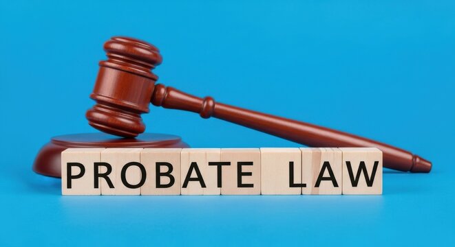 A wooden gavel resting on wooden blocks spelling out probate law against a blue background