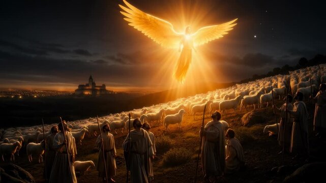 Wide shot of shepherds witnessing a glowing angel appearing in the night sky