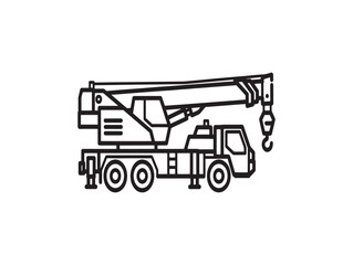 A black and white line drawing of a mobile truck crane with a boom and hook © ALAMGIR