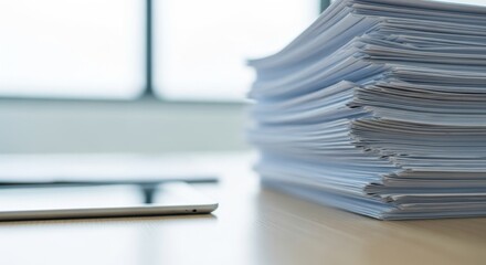 Stack of documents on a desk near a window with natural light