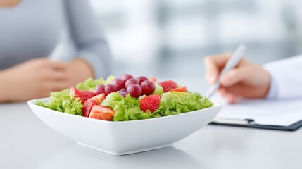 Naklejka premium Healthy salad bowl with fresh vegetables and fruits on a table, while a diet doctor discusses nutrition with a patient in a bright, modern consultation room