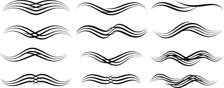 Twelve black abstract wavy line decorative on white background border brush calligraphy