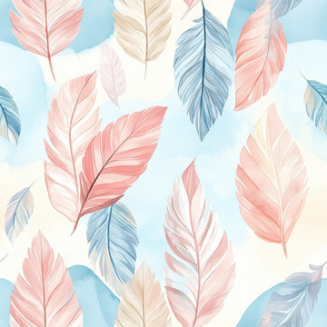 Seamless pattern with feathers blue and pink color decoration background concept