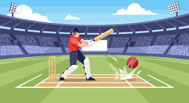 Cricket batsman hits the ball powerfully during a match on a pitch inside a large, crowded stadium filled with cheering fans.