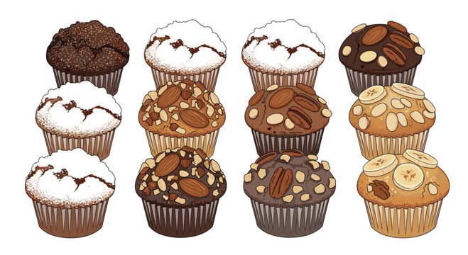 Twelve assorted illustrated muffins with various nut and sugar toppings are arranged in a precise grid pattern on a plain white background.