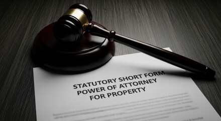 A gavel resting beside a document titled statutory short form power of attorney for property