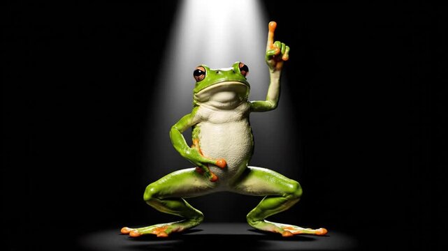A vibrant green frog performs a lively frog dance under a dramatic spotlight