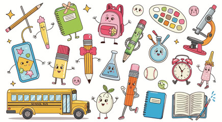 Cartoon Retro Groovy School Stationery Characters Set. Cute Hippie Book, Pencil, Backpack and School Bus Vector Personages with Funky Psychedelic Scissors, Ruler and Calculator.