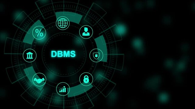 DBMS, Database Management System concept with icons, with gears modern technology, internet and social media icons 4K animation background.