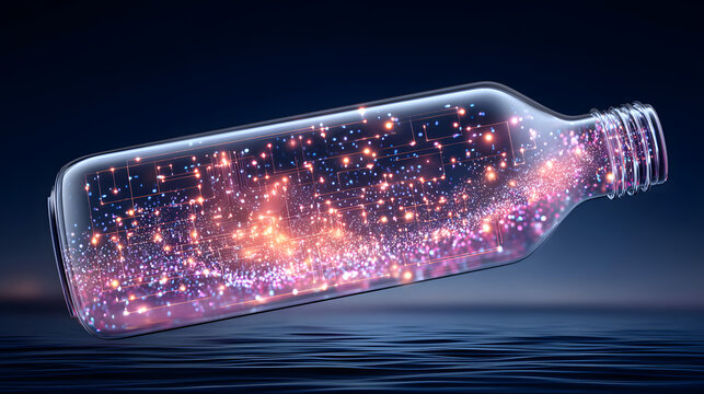 Abstract glass bottle ocean fantasy light magic glitter night digital art glass bottle floats above calm ocean water, filled with glowing magic light, sparkling glitter and abstract fantasy