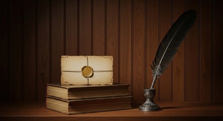 Antique quill pen resting beside a sealed letter on vintage wooden shelves
