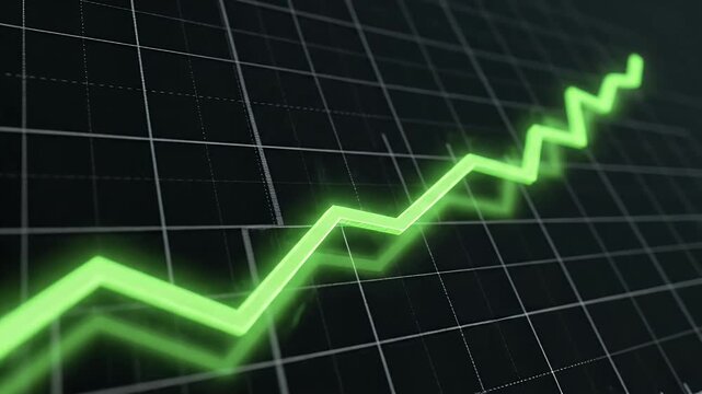 A bright green line graph with a distinct upward trend on a dark grid