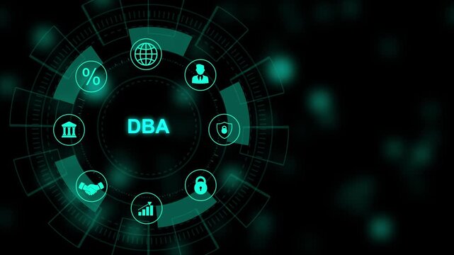 DBA acronym. Database administration concept. Business, modern technology, internet and social media icons 4K animation background.