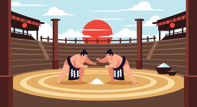 Two traditional sumo wrestlers face off in the dohyo ring before their match begins, with the red sun rising behind the stadium.