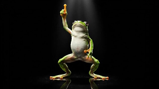 A vibrant green frog performs an energetic dance, striking a pose under a spotlight