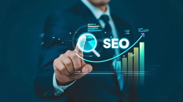 SEO Business Strategy: A business executive interacting with a futuristic digital interface, focusing on search engine optimization and financial growth.
