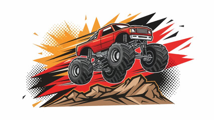 Red monster truck jumping over obstacle illustration isolated design © Muh