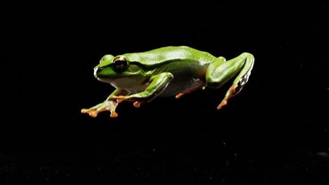 A vibrant green frog performs an energetic dance in a dark environment, captured in a dynamic close-up shot