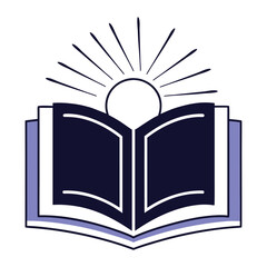 Illustration of an open book with a radiant sun symbolizing knowledge and enlightenment