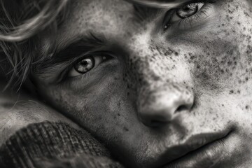 Obraz premium Emotional close-up of a young person with freckles showcasing deep feelings and connection