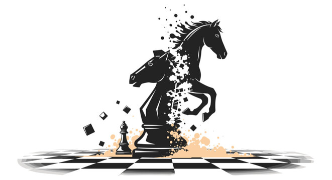 Symbolic artwork shows a powerful chess knight exploding into pieces, representing strategy, conflict, and a decisive move.