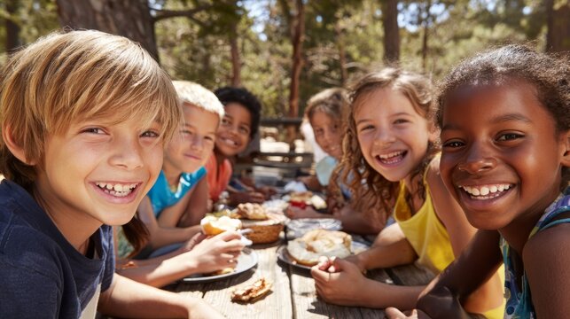 Happy kids group eating lunch at a camp. Diverse children enjoying meal outdoors. Summer activity and friendship for childhood design.