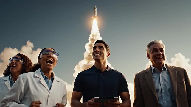 Excited people watch rocket launch into sky with bright flame