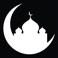 White silhouette of a mosque with domes and crescent moon on black background islam © JANNATUL FERDOUSH
