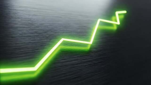 Glowing green line chart ascends diagonally against a textured dark background