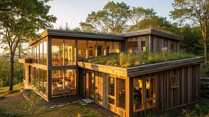 Obraz premium Modern house with large windows and green roof in a natural setting
