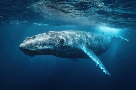 Phyer macrocephalus sperm whale gracefully swimming in the Mediterranean Sea during a sunny day