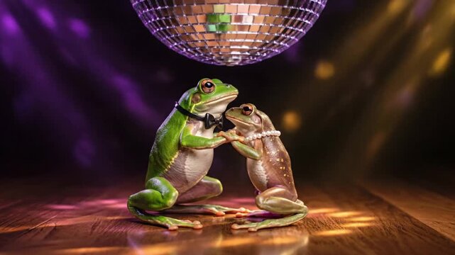 A vibrant green frog performs a lively dance under a sparkling disco ball, captivating its female companion on a dance floor with rhythmic lights.